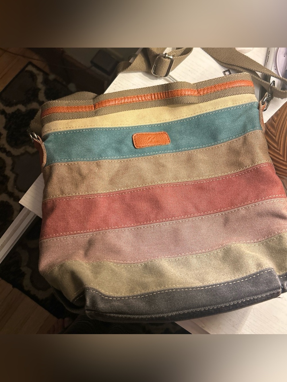 Vintage Canvas Multi-Stripe Crossbody Bag - Teal, Red, Tan, Olive